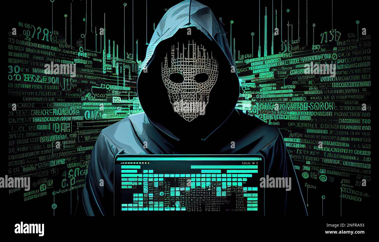 The anonymous hacker with skull face with digital computer screen and ...
