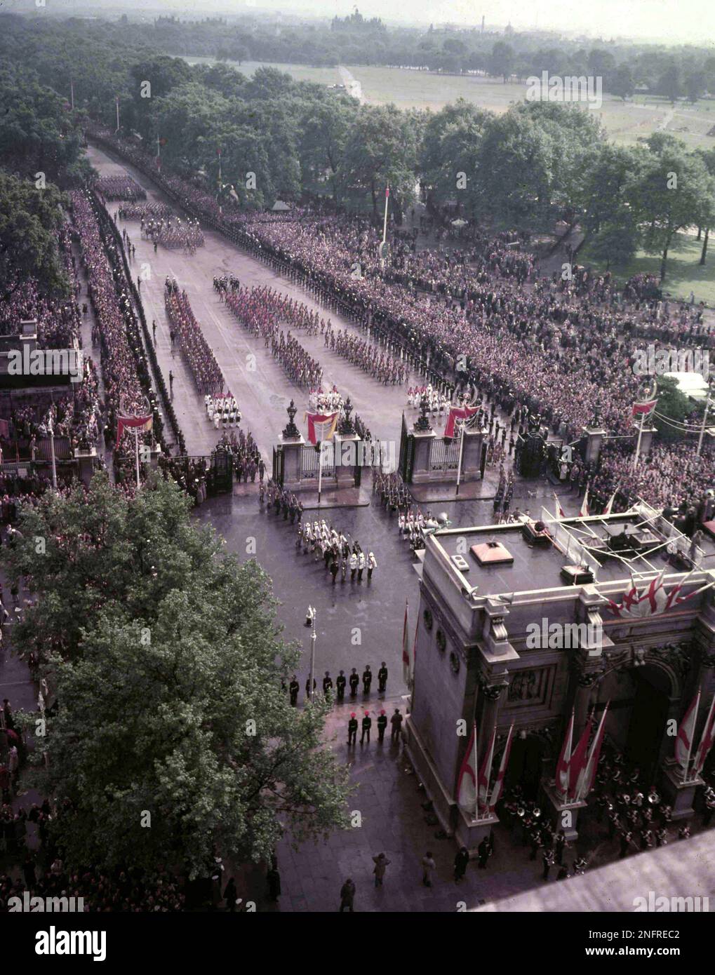 Part of the parade of Commonwealth troops pass under Marble Arch