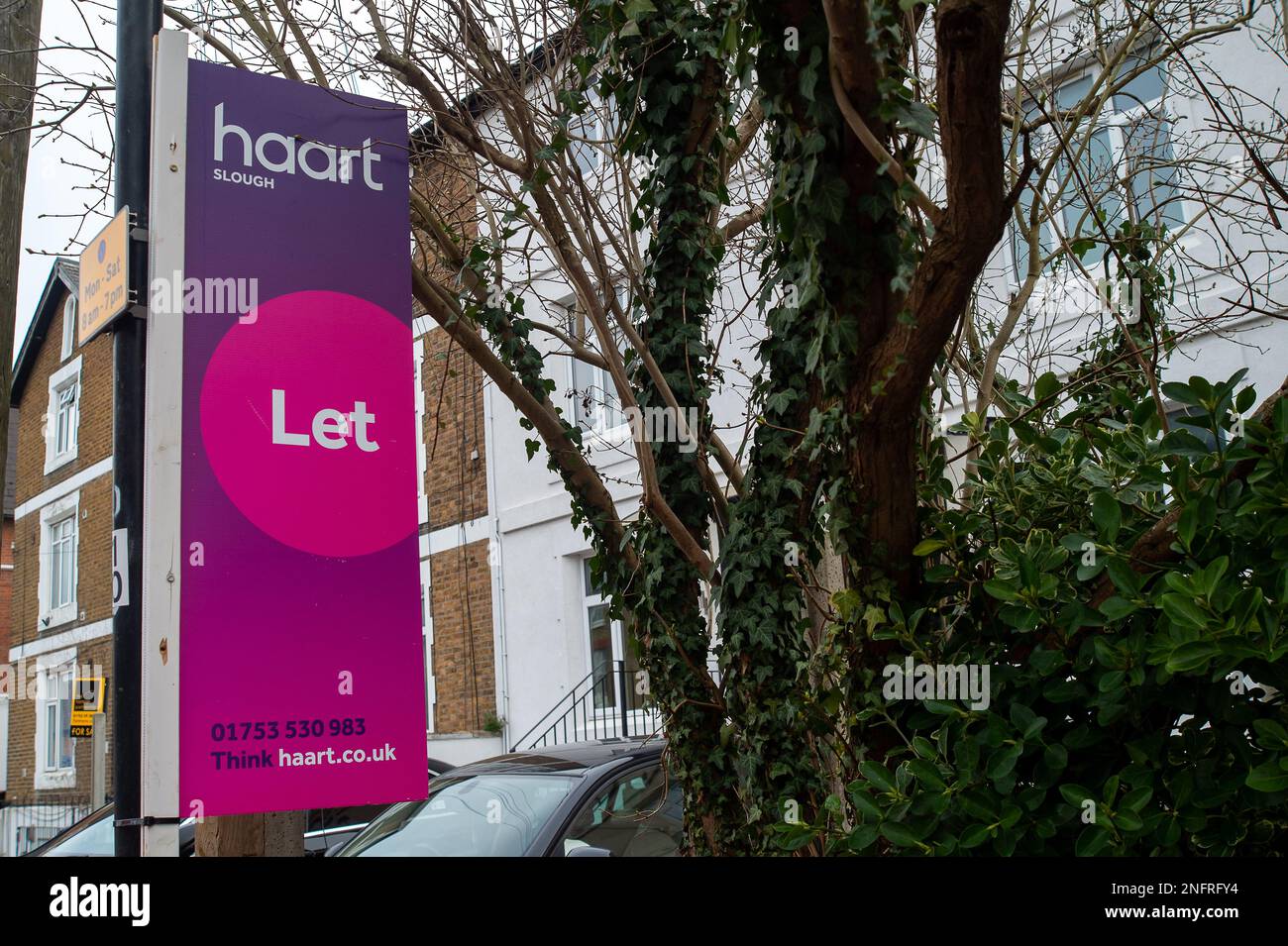 Slough, Berkshire, UK. 17th February, 2023. A Let By Sign outside a house in Slough Town Centre, Berkshire. It has been reported in the press today that UK house prices could fall by as much as 40%. The number of buyers is begining to dry up as people are concerned about buying homes if the prices are to fall, whereas meanwhile, those selling properties don't want to reduce the price. Experts are predicting house prices could take a massive fall as they did in the 1990s when many people found themselves in a negative equity situation. Credit: Maureen McLean/Alamy Live News Stock Photo