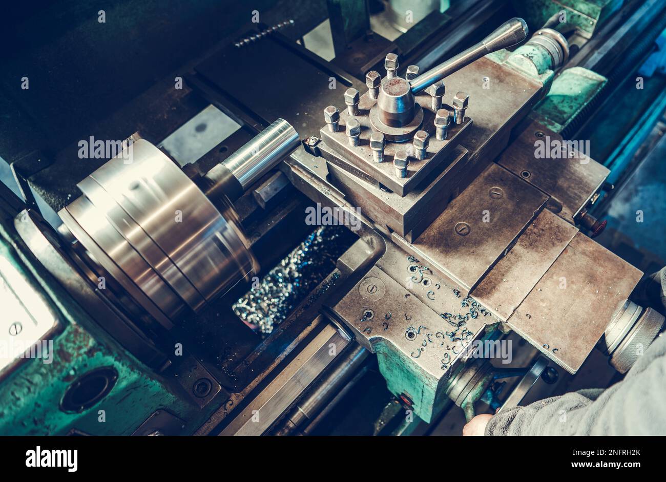 Top View Closeup of Metalworking Lathe Machine. Production Technology and Manufacturing Equipment Theme. Stock Photo