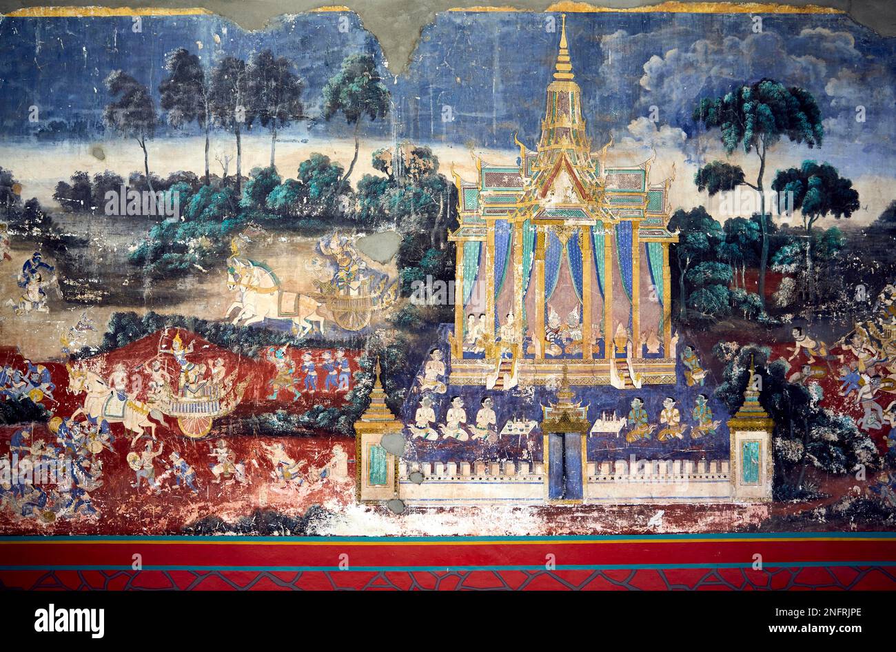 Murals of scenes from the Khmer (Reamker) version of the classic Indian epic Ramayana, Royal Palace, Phnom Penh, Cambodia Stock Photo