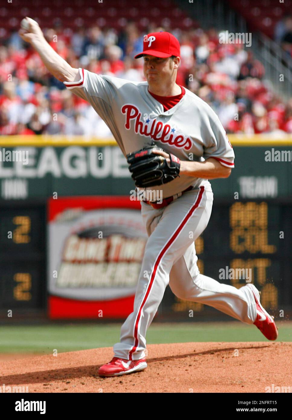 Philadelphia Phillies pitcher Adam Eaton pitches against the Cincinnati  Reds in the first inning of a baseball game, Saturday, April 5, 2008, in  Cincinnati. (AP Photo/David Kohl Stock Photo - Alamy