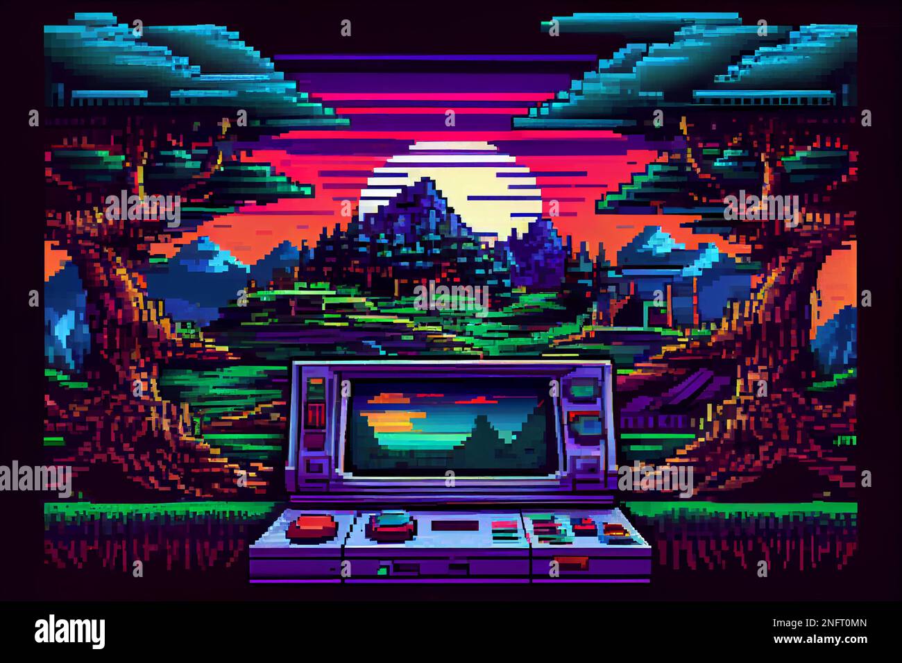 Video game background landscape with mountains and forests in 16 bit pixels. Retro video arcade game nature location with pixel art mountain hills, sn Stock Photo