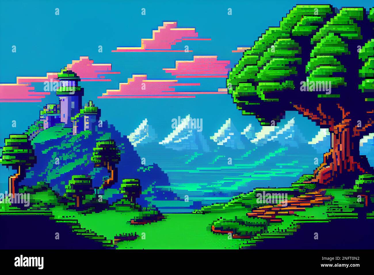 Video game background landscape with mountains and forests in 16 bit pixels. Retro video arcade game nature location with pixel art mountain hills, sn Stock Photo