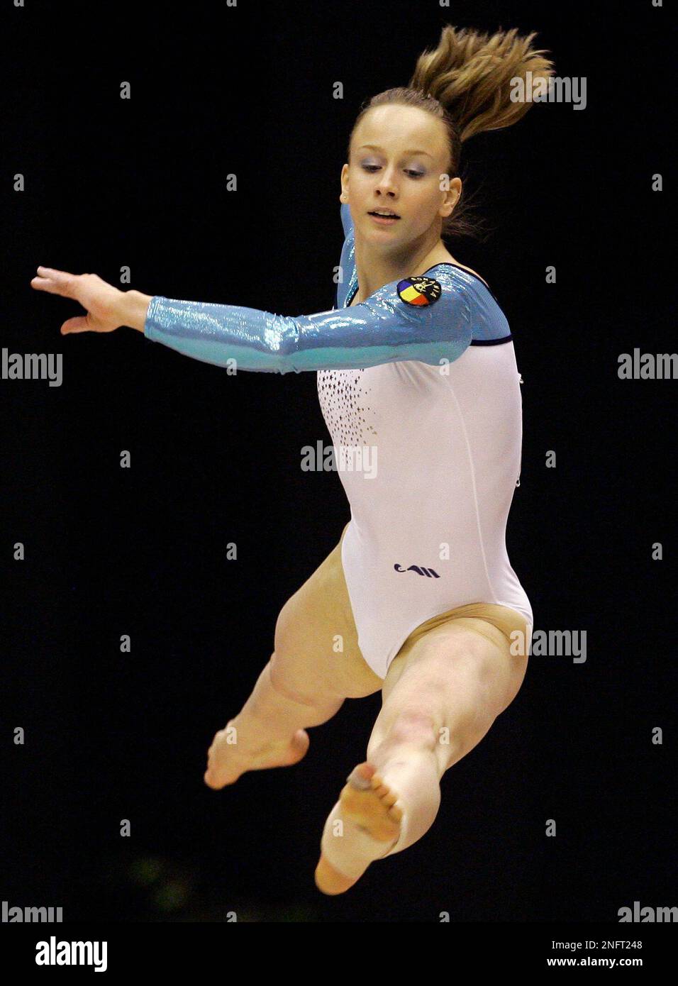 Romanias Sandra Raluca Izbasa on her way to win at the floor exercise during the apparatus final of the 27th womens Artistic Gymnastics European championships in Clermont-Ferrand, central France, Sunday, April 6,