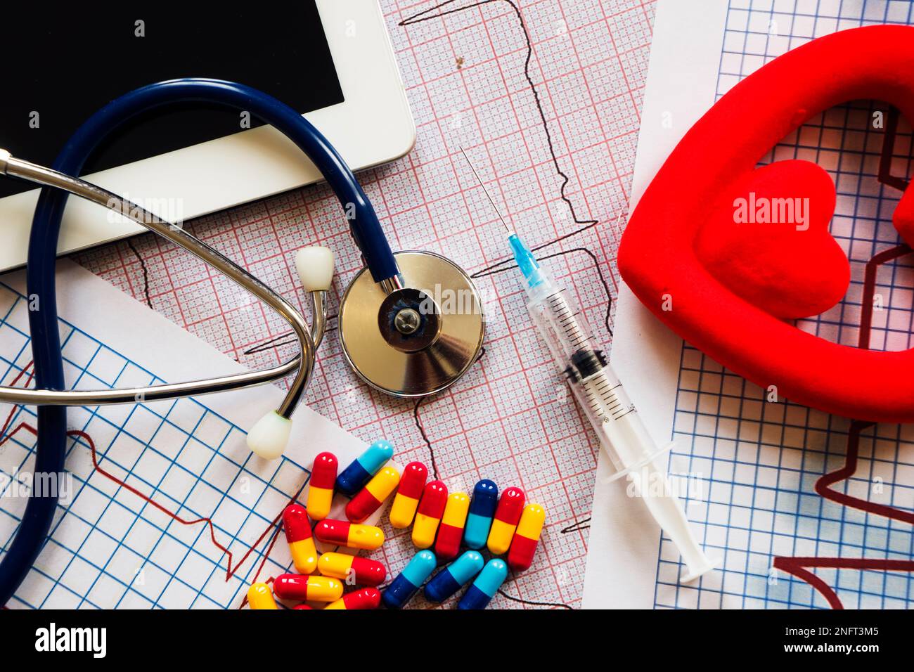 Doctor table with medical items. Flat lay Stock Photo - Alamy