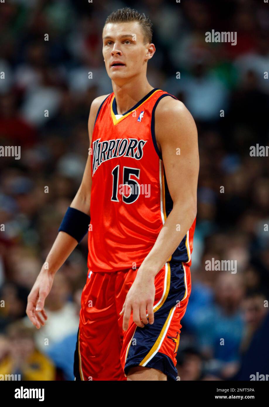 Golden State Warriors center Andris Biedrins, of Latvia, warms up