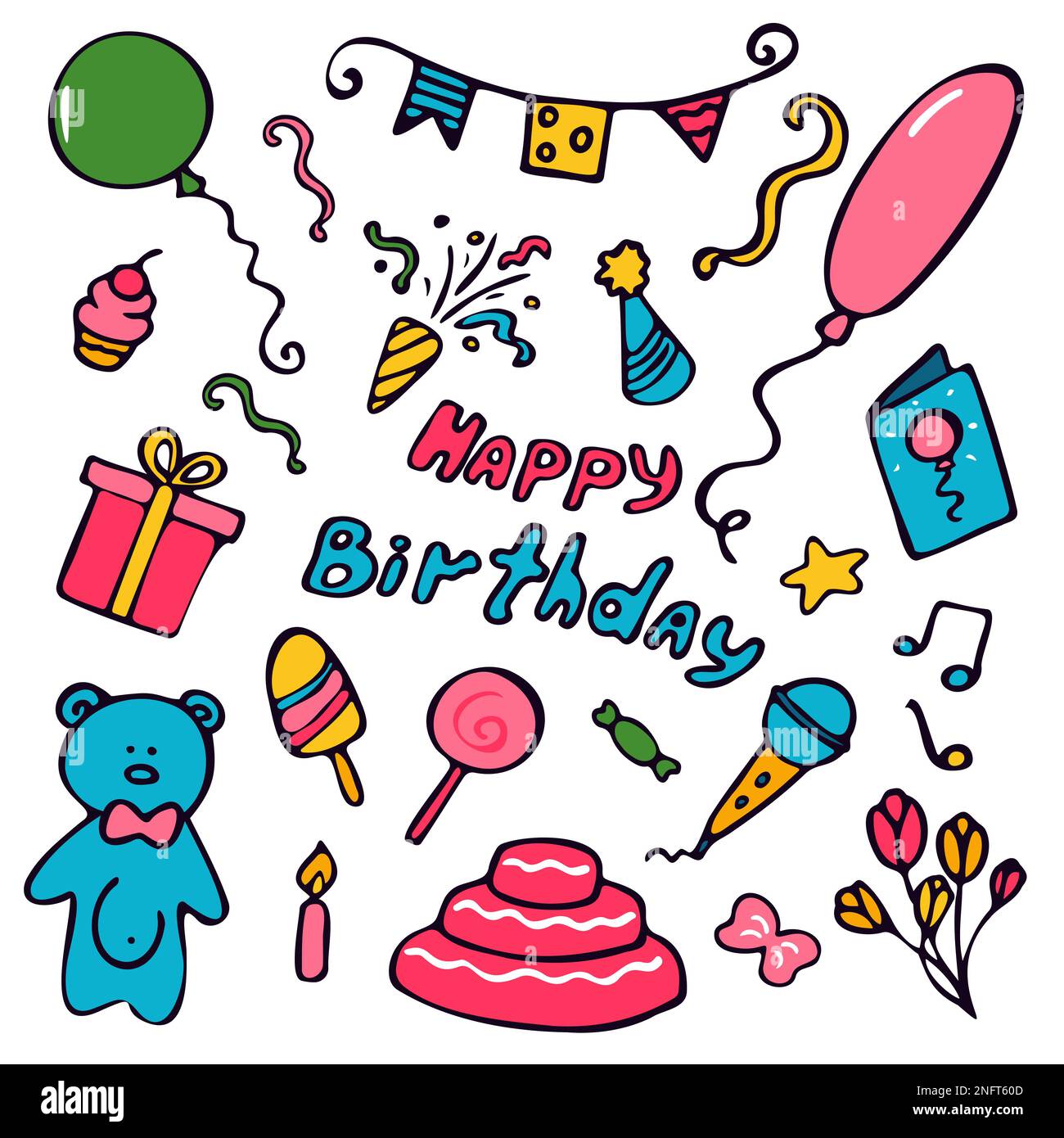 Happy Birthday doodle elements isolated on white background Stock ...