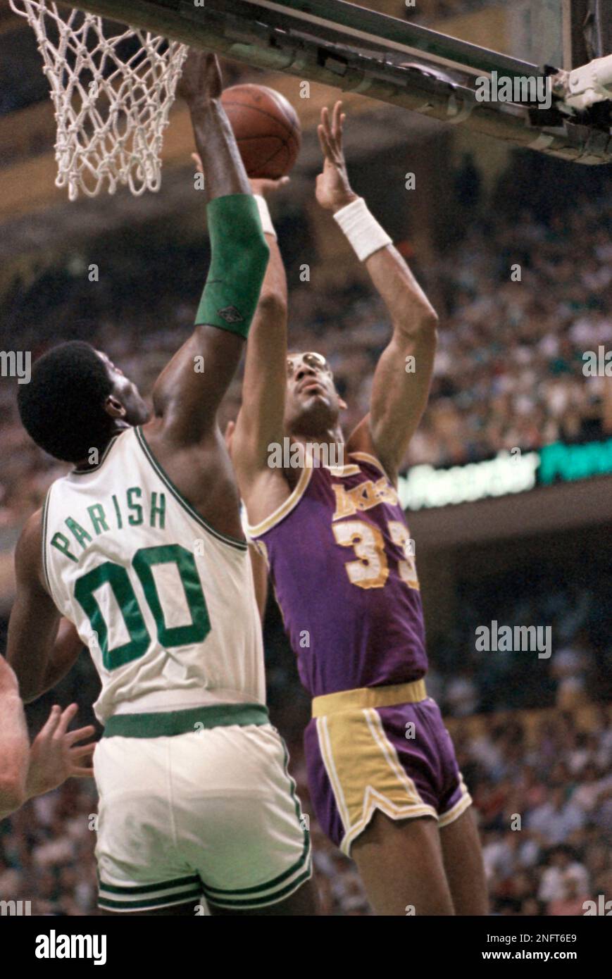 Los Angeles Lakers Magic Johnson plays defense during 1985 NBA