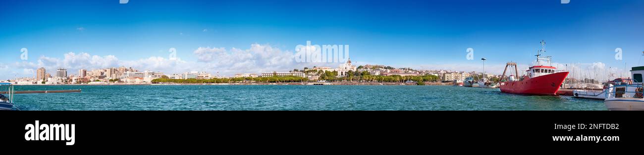 Panoramic view of Cagliari with 'su siccu' and Basil of Bonaria in first place. Stock Photo