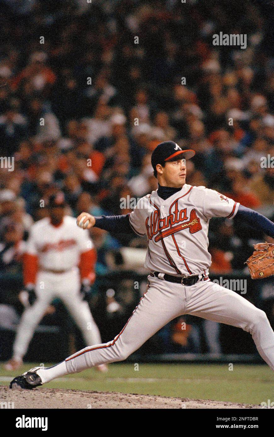 Atlanta Braves Greg Maddux pitches to the Cleveland Indians in the first  inning of Game five of the World Series on Thurday, October 26, 1995 at  Jacobs Field in Cleveland. (AP Photo/Elise
