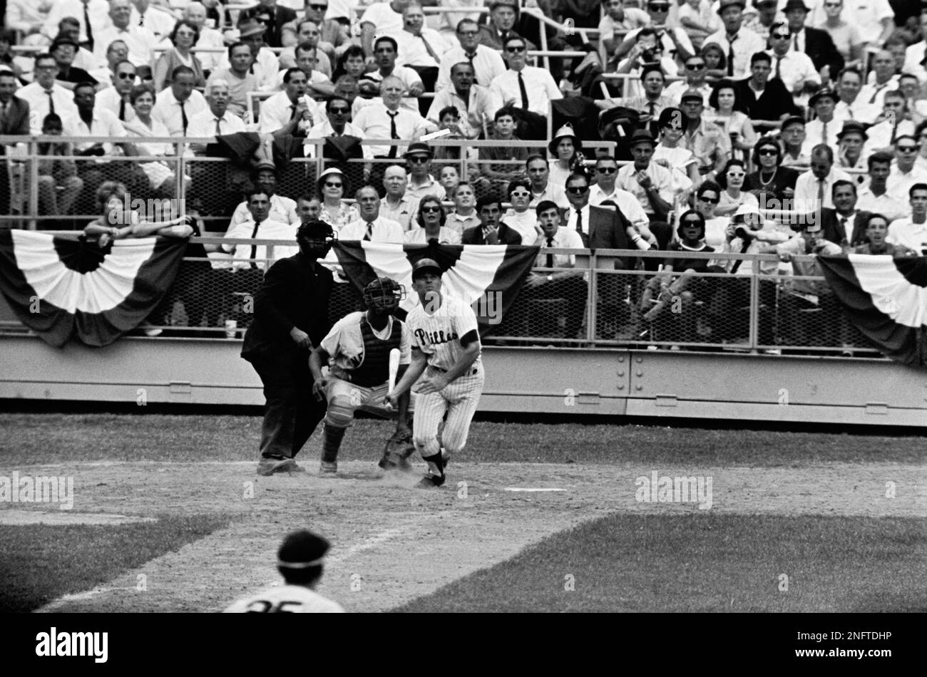 Philadelphia's Johnny Callison watches the ball head for the right field  wall on his three-run home run that gave the National League a 7-4 victory  in All Star game on July 7