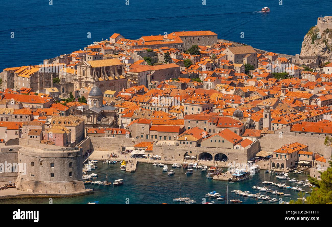 DUBROVNIK, CROATIA, EUROPE - Aerial view of the walled fortress city of Dubrovnik on the Dalmation coast. Harbor at bottom. Stock Photo