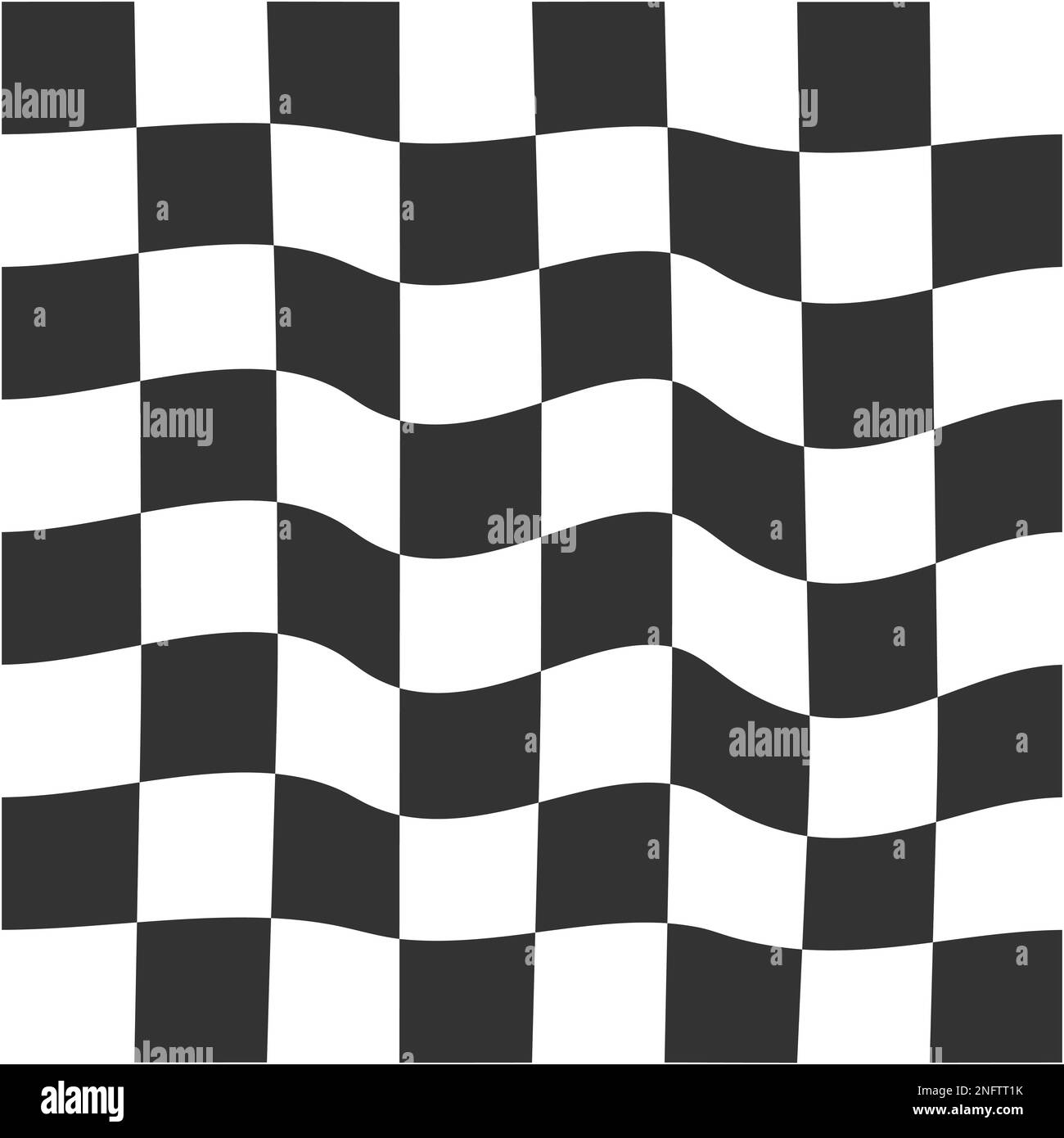Distorted black and white chessboard texture. Chequered visuall illusion. Psychedelic pattern with warped squares. Trippy checkerboard background Stock Vector
