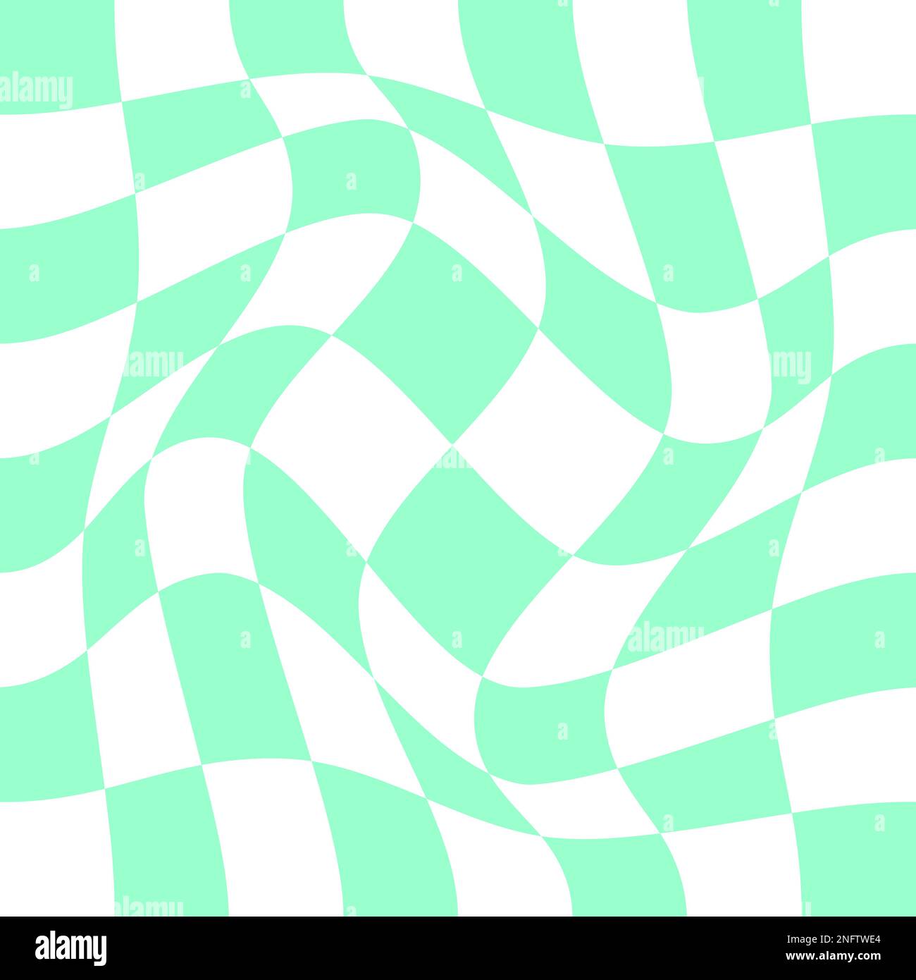 Distorted chessboard with vortex effect. Twisted checkered optical illusion. Psychedelic pattern with warped green and white squares. Dizzy Stock Vector