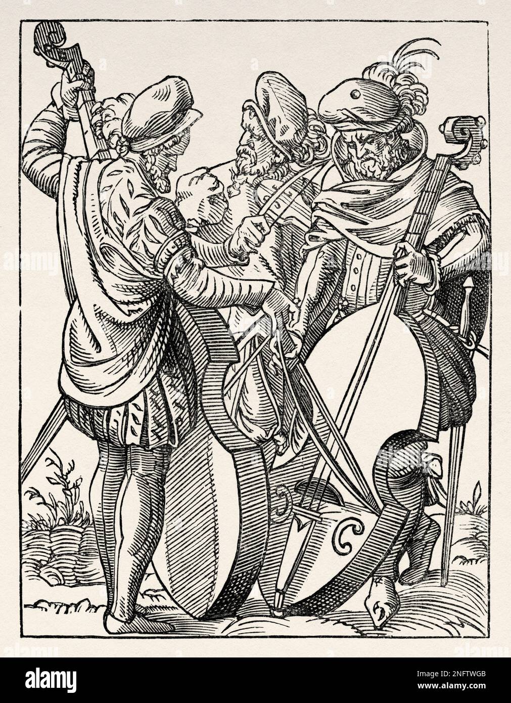 German musicians playing on stringed instruments of the violin family ...