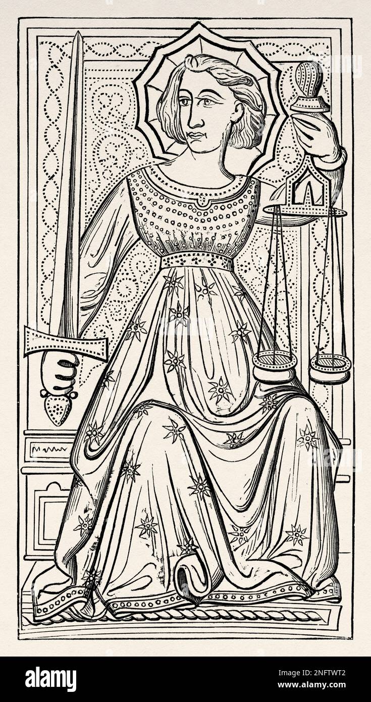 Justice. Tarot card from the Charles VI or Gringonneur deck, 14th century. The Arts of the Middle Ages and at the Period of the Renaissance by Paul Lacroix, 1874 Stock Photo