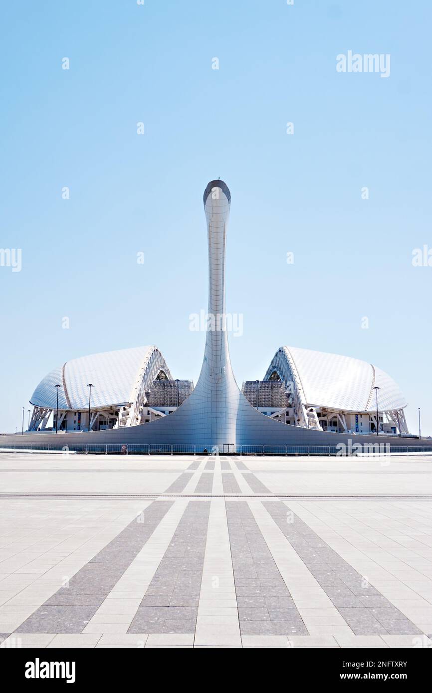 ADLER, SOCHI, RUSSIA - April 26, 2019: Fisht Stadium and torch at the Sochi Olympic Park Stock Photo