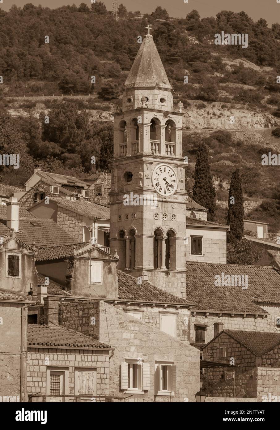KUT, VIS, CROATIA, EUROPE - Bell tower, Church of St. Cyprian and Justina in old town of Vis, on the island of Vis. Stock Photo