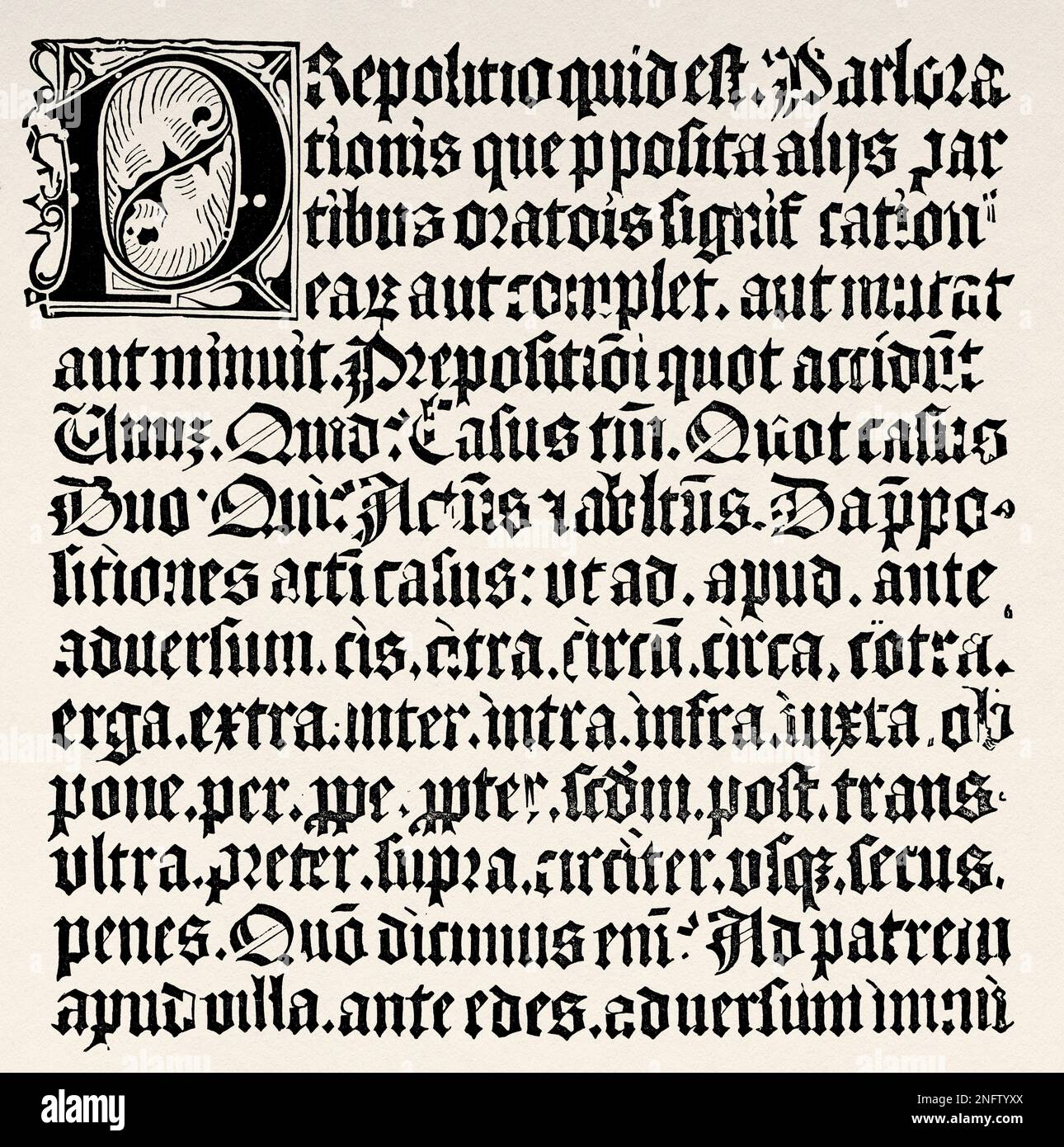 Guyenberg Renaissance Page of xylography or wood engraving about the preposition from a ...