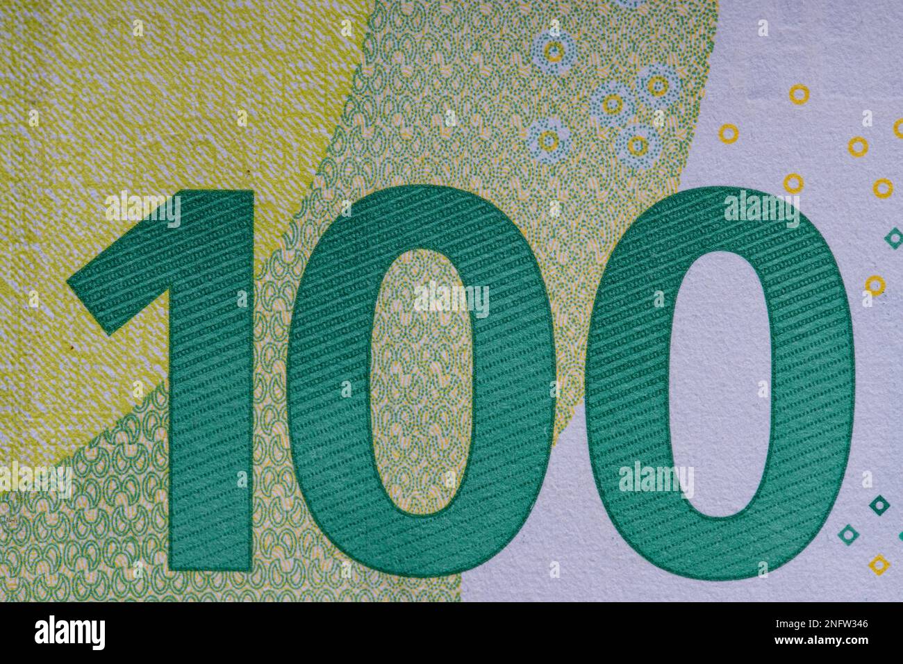 100 euro banknote close up, for business finance topics. World money concept, inflation and economy concept. Currency close up in detail. Stock Photo