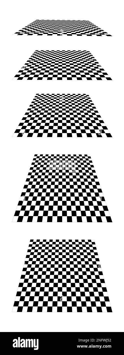 Set of checkered planes in perspective isolated on white background. Tiled floor point of view. Sloped checkerboard texture. Inclined board with black Stock Vector