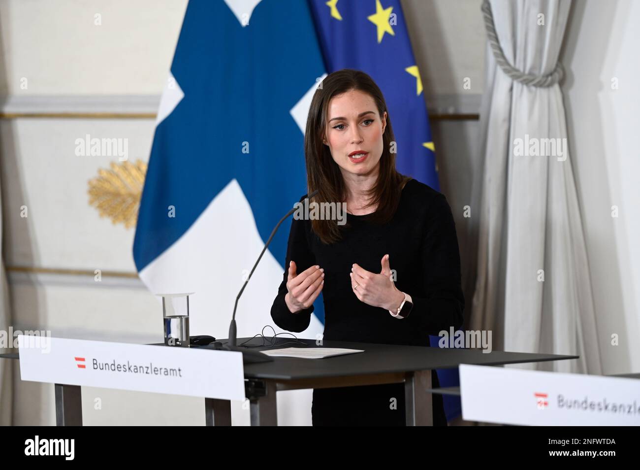 Vienna, Austria. February 17th, 2023. Press statement by the Prime Minister of the Republic of Finland Sanna Marin (SDP) Stock Photo