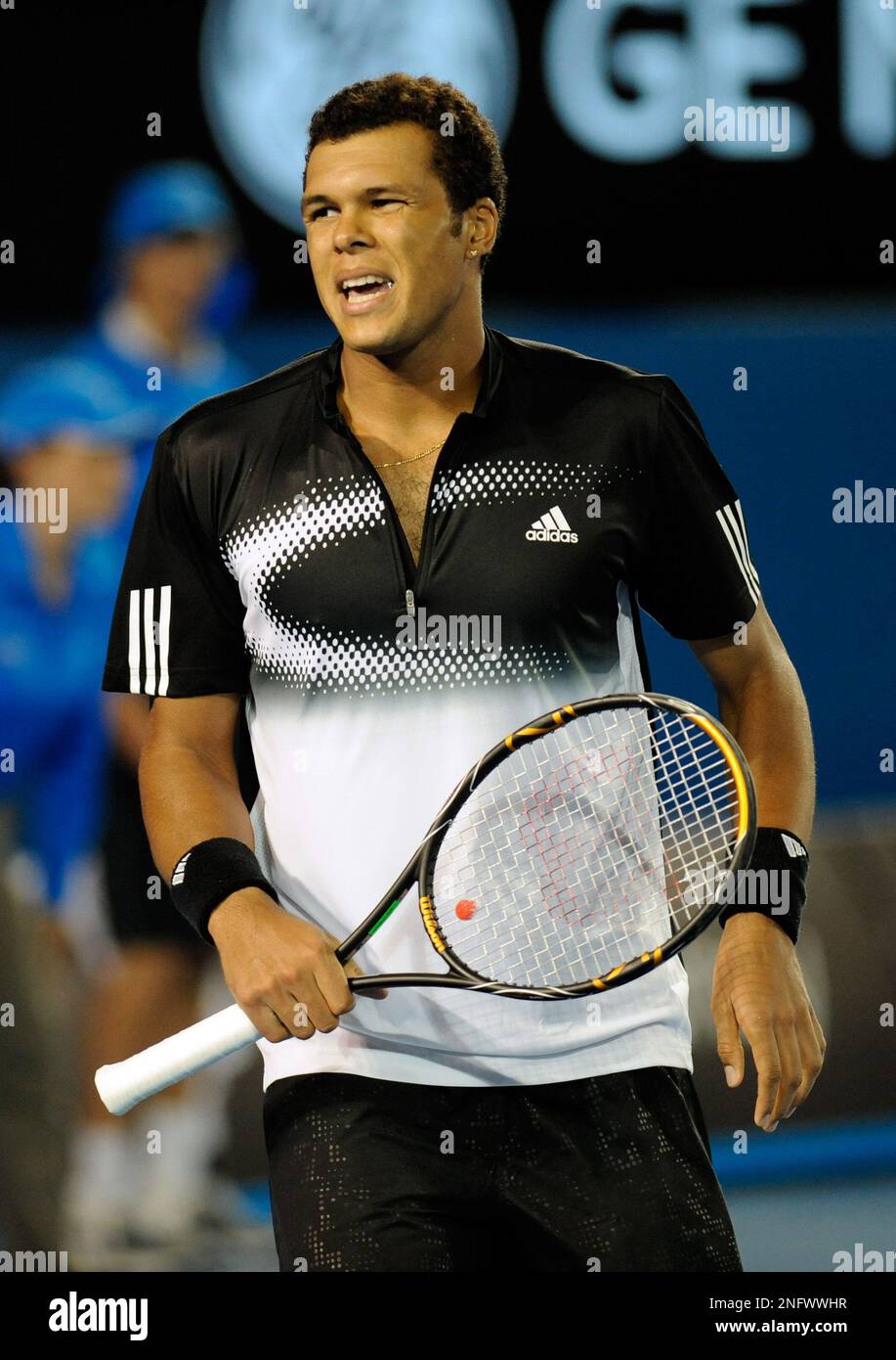 Jo-Wilfried Tsonga, of France, pauses while playing Spain's Rafael Nadal in  a Men's singles semifinal match at the Australian Open tennis tournament in  Melbourne, Australia, Thursday, Jan. 24, 2008. (AP Photo/Rob Griffith