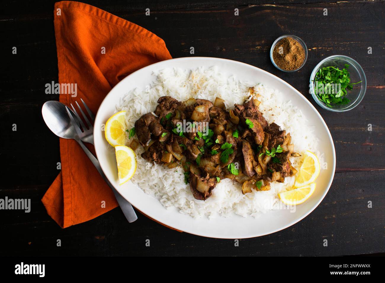 Curried Chicken Livers Served Over Basmati Rice Chicken livers cooked