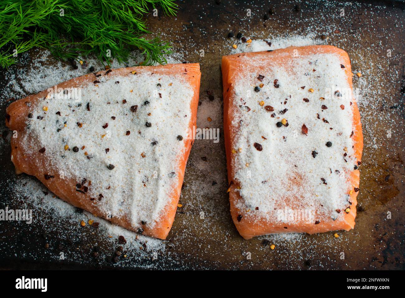 Salmon Fillets Covered in Sea Salt and Spices to Make Lox Salmon