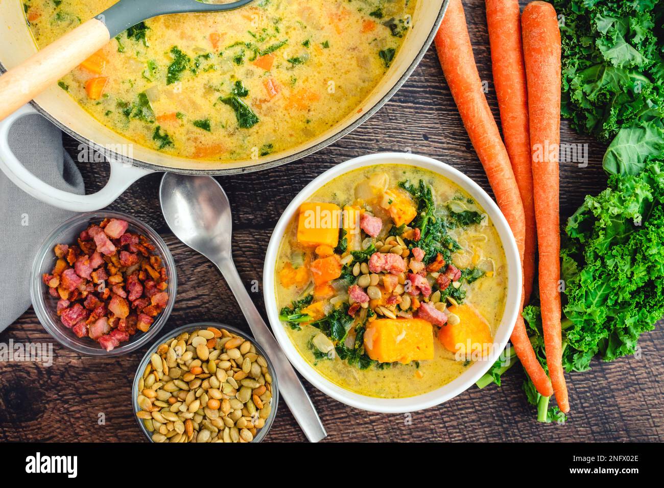 Sweet Potato Chowder in a Bowl and Dutch Oven with Garnishes Creamy
