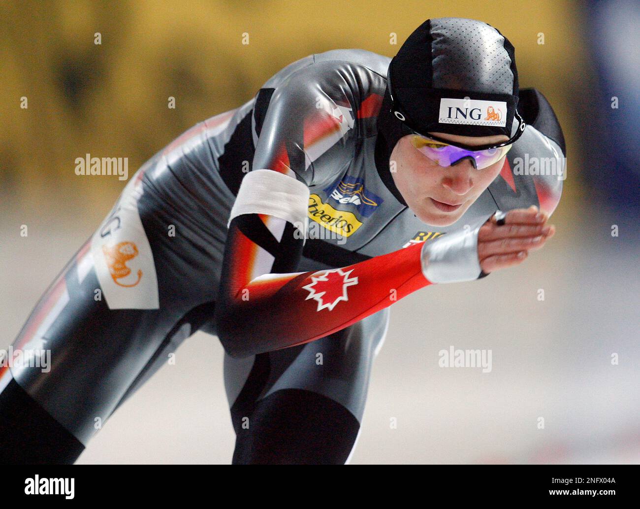Kristina Groves from Canada skates her 3,000 meter race during the