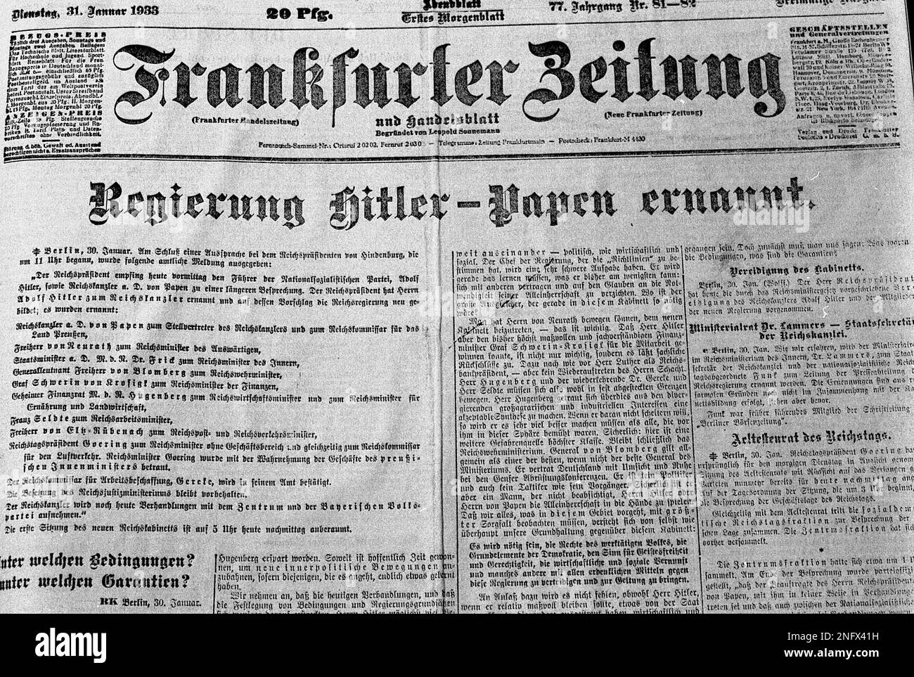 Image shows the front page of the German newspaper "Frankfurter Zeitung