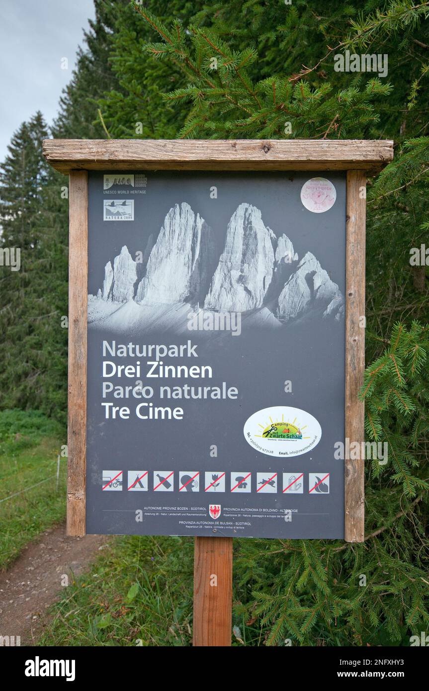 Wooden sign in Tre Cime Nature Park, Fiscalina Valley, Trentino-Alto Adige, Italy Stock Photo