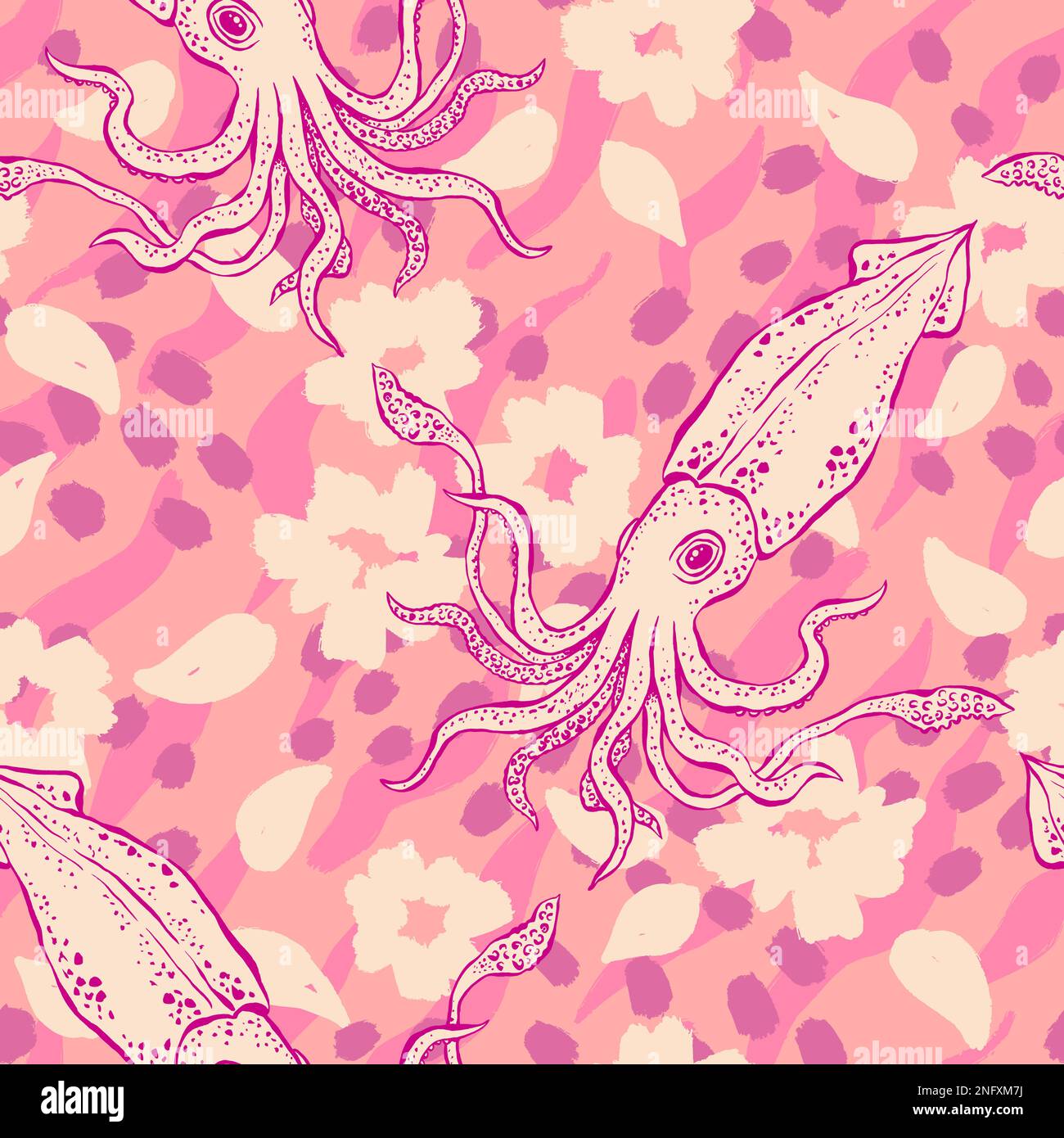 Pink seamless vector background. Beautiful cute endless pattern with squid and botanical elements. Fashion print for packing, textile, fabric. Stock Vector