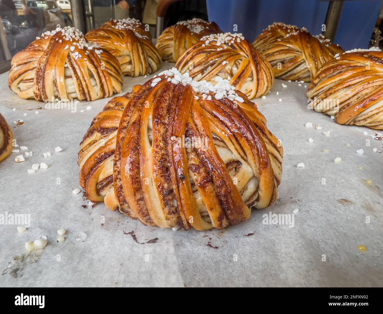 Freshly baked Swedish cinnamon buns or kanelbullar Stock Photo