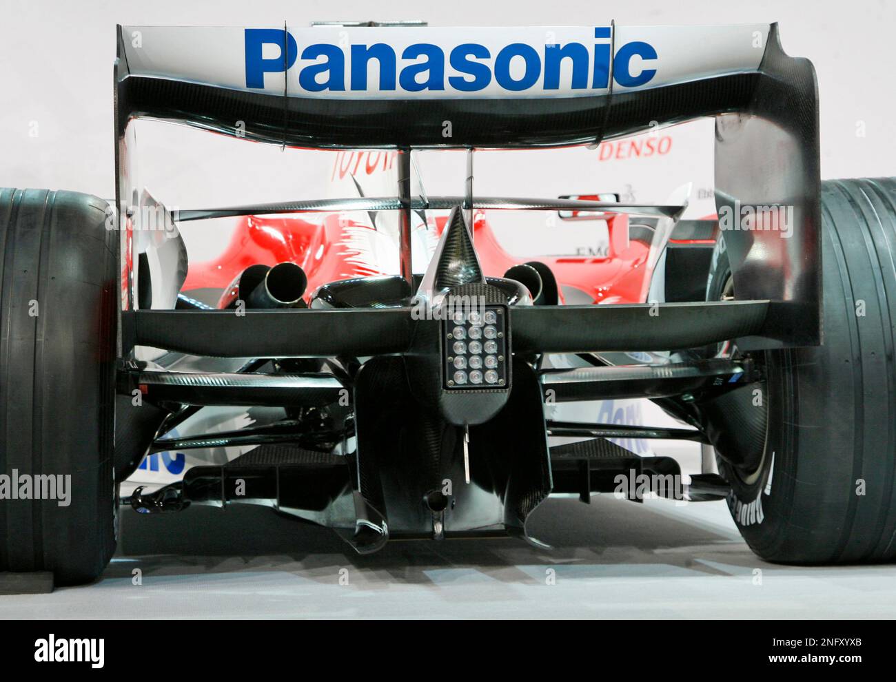 Toyota Racing Rear Wing The rear wing of the new Toyota TF108 Formula One race car for the ...