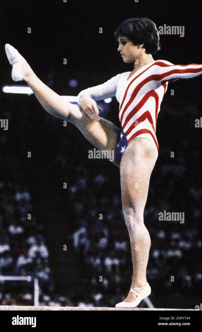 USA Gymnast Mary Lou Retton scores a 9.80 on the beam Friday, August 4