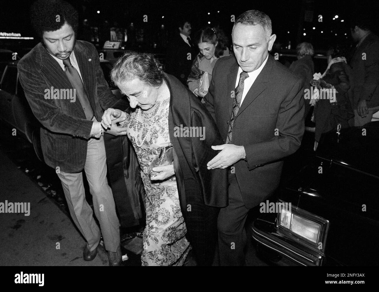 Golda Meir is followed by actress Anne Bancroft as they arrive for ...