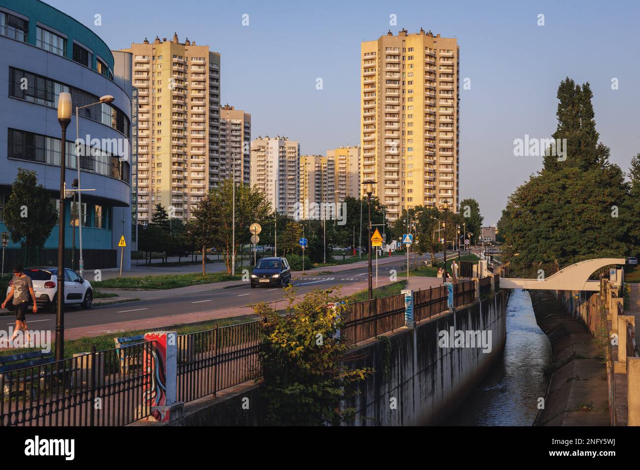 Rawa river and buildings at Walenty Rozdzienski Estate simply called The Stars in Zawodzie area of Katowice, Poland Stock Photo