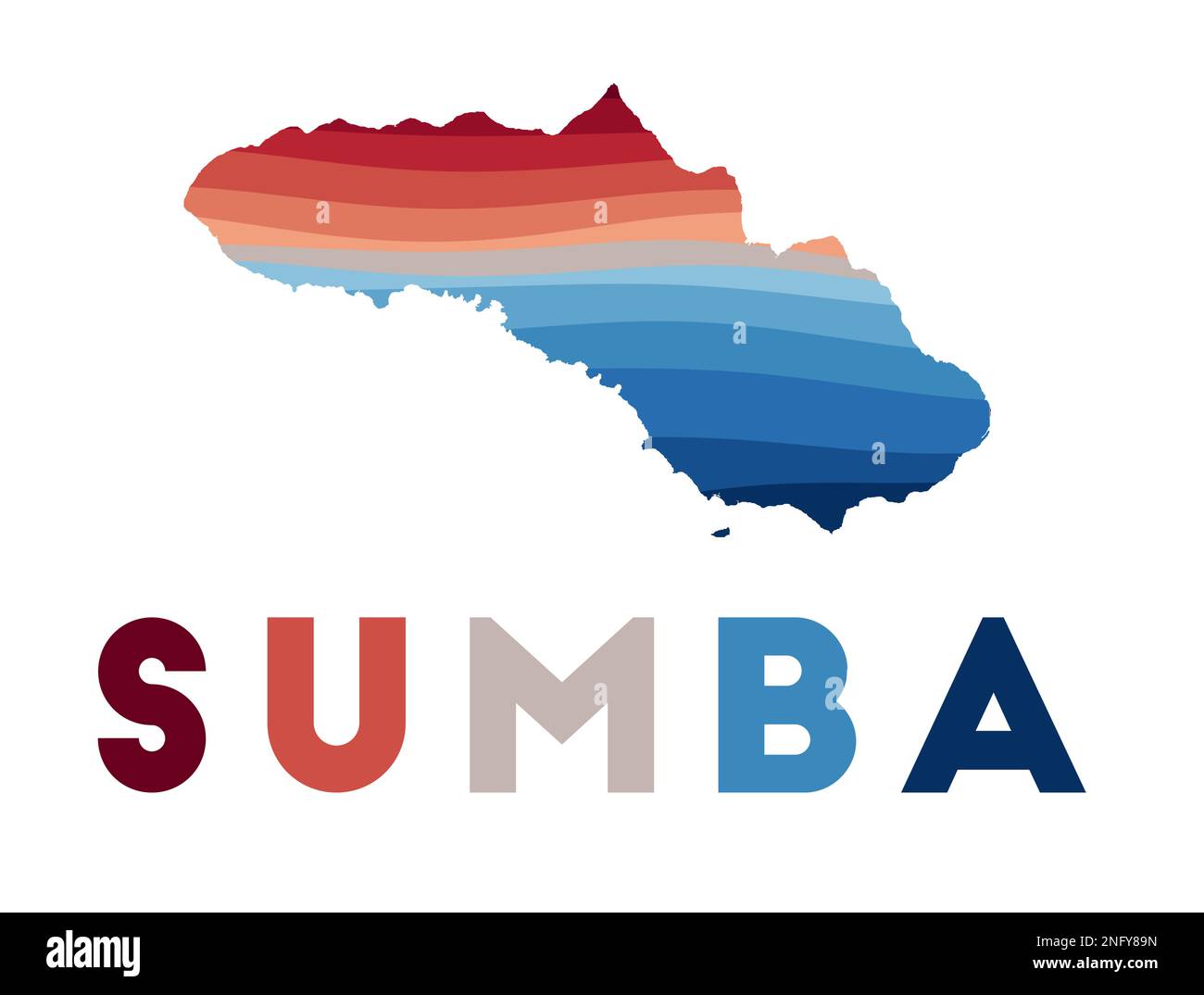 Sumba map. Map of the island with beautiful geometric waves in red blue ...