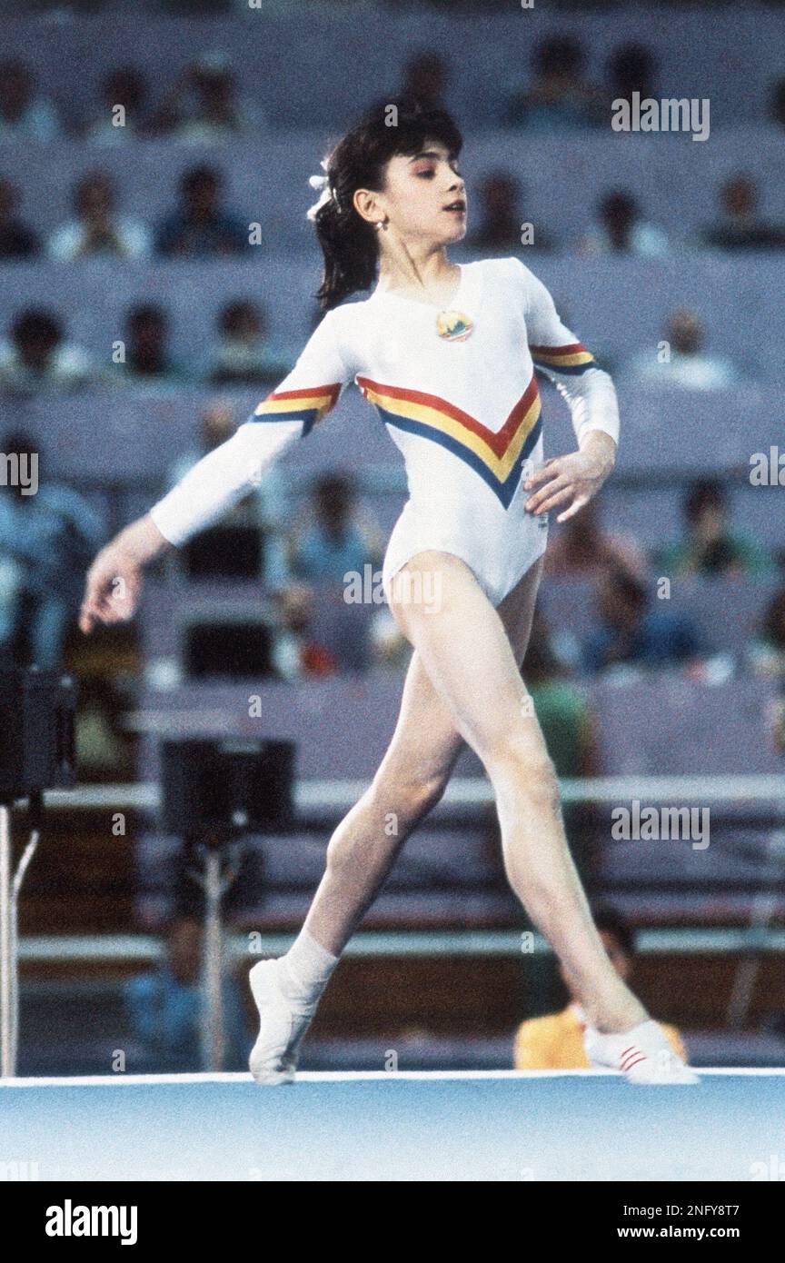 Laura Cutina of Romania performing in the women's gymnastics