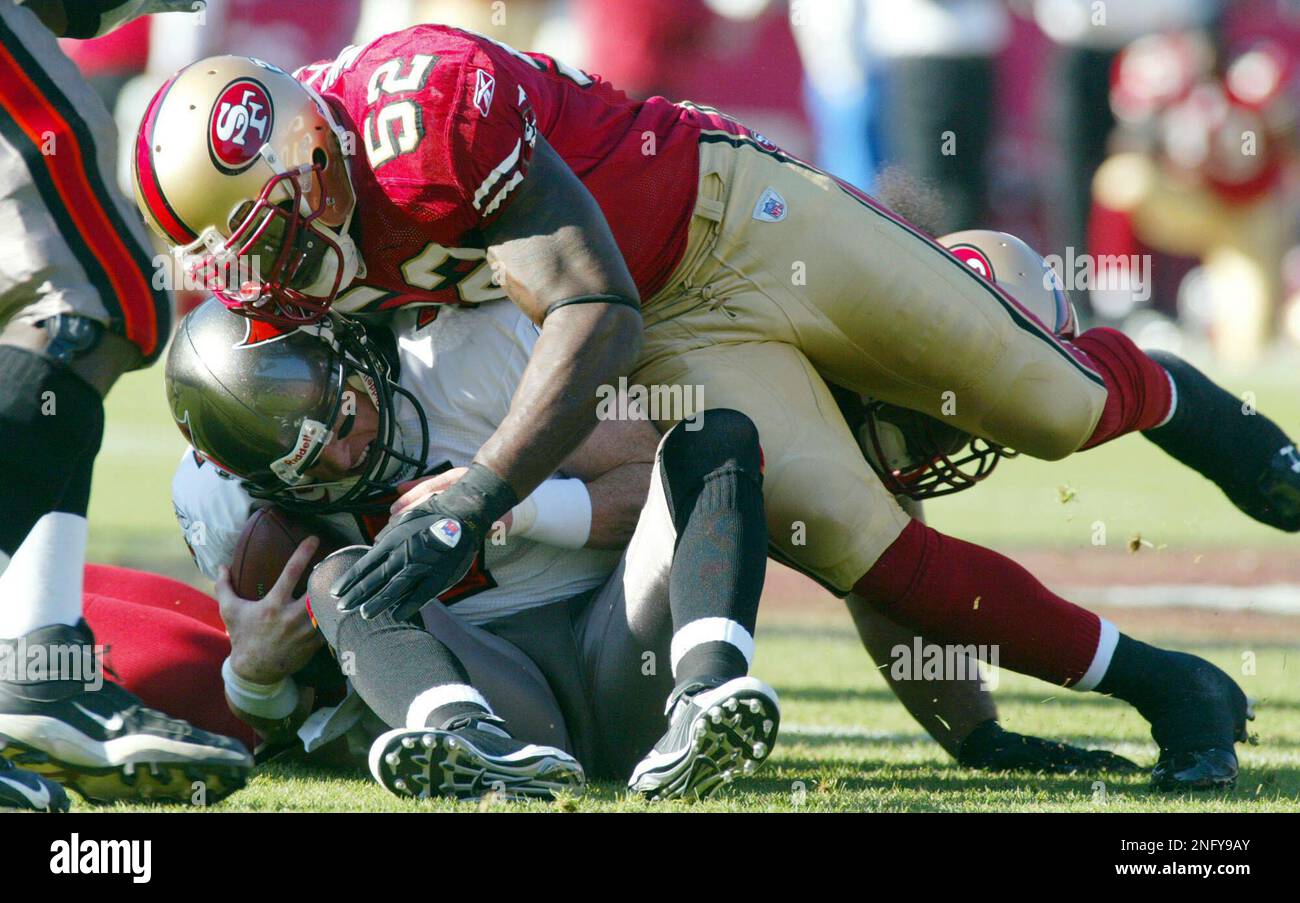 Tampa Bay Buccaneers quarterback Jeff Garcia is sacked by San Francisco  49ers' Patrick Willis in the first half of an NFL football game, Sunday,  Dec. 23, 2007, in San Francisco. (AP Photo/George