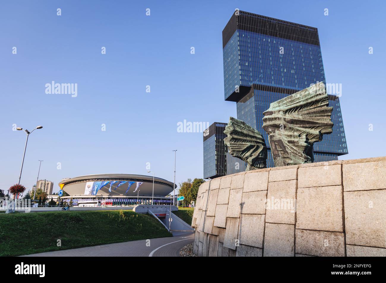 Silesian Insurgents Monument, .KTW office building and Spodek Arena in Katowice city, Silesia region of Poland Stock Photo
