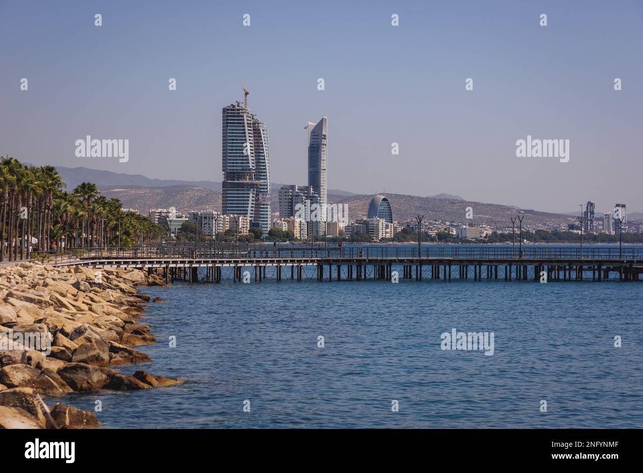 Molos seafront in Limassol city in Cyprus island country, view with The Oval and Trilogy Limassol Seafront buildings Stock Photo