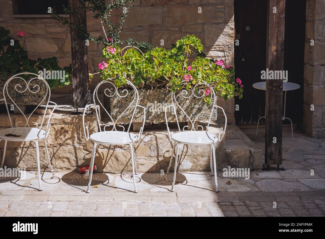 Chairs in Arsos village located in the mountainous area of Limassol District of Cyprus Stock Photo