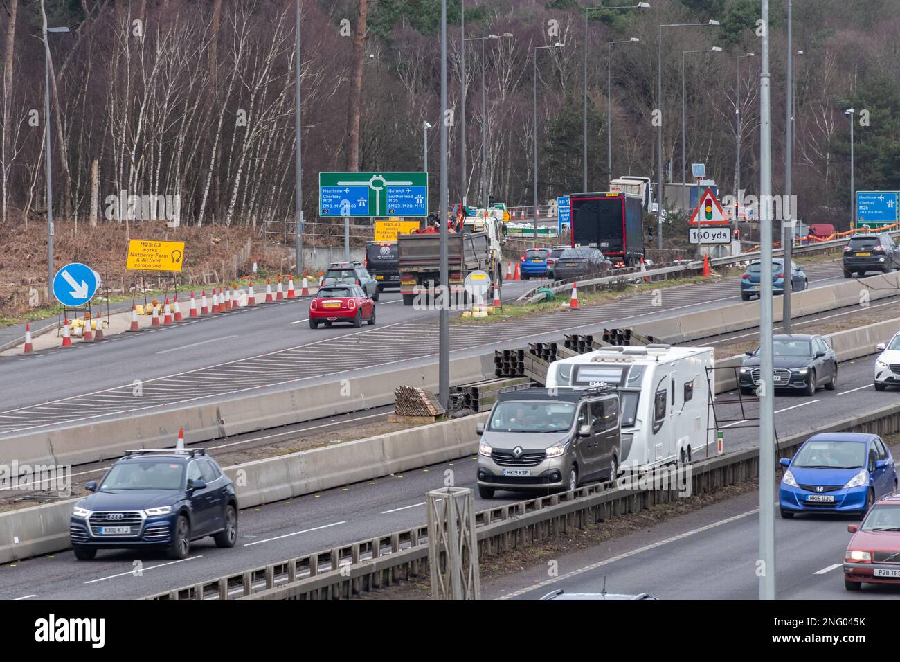 February 2023. M25 junction 10/A3 Wisley Interchange improvements are being undertaken by National Highways. Major roadworks are being carried out to improve the roundabout and widen the A3 near the busy road junction. Many trees have been cut down either side of the A3. National Highways state that extensive environmental improvements will follow, including restoration of heathland, woodland enhancement and replacement of lost habitats. Stock Photo