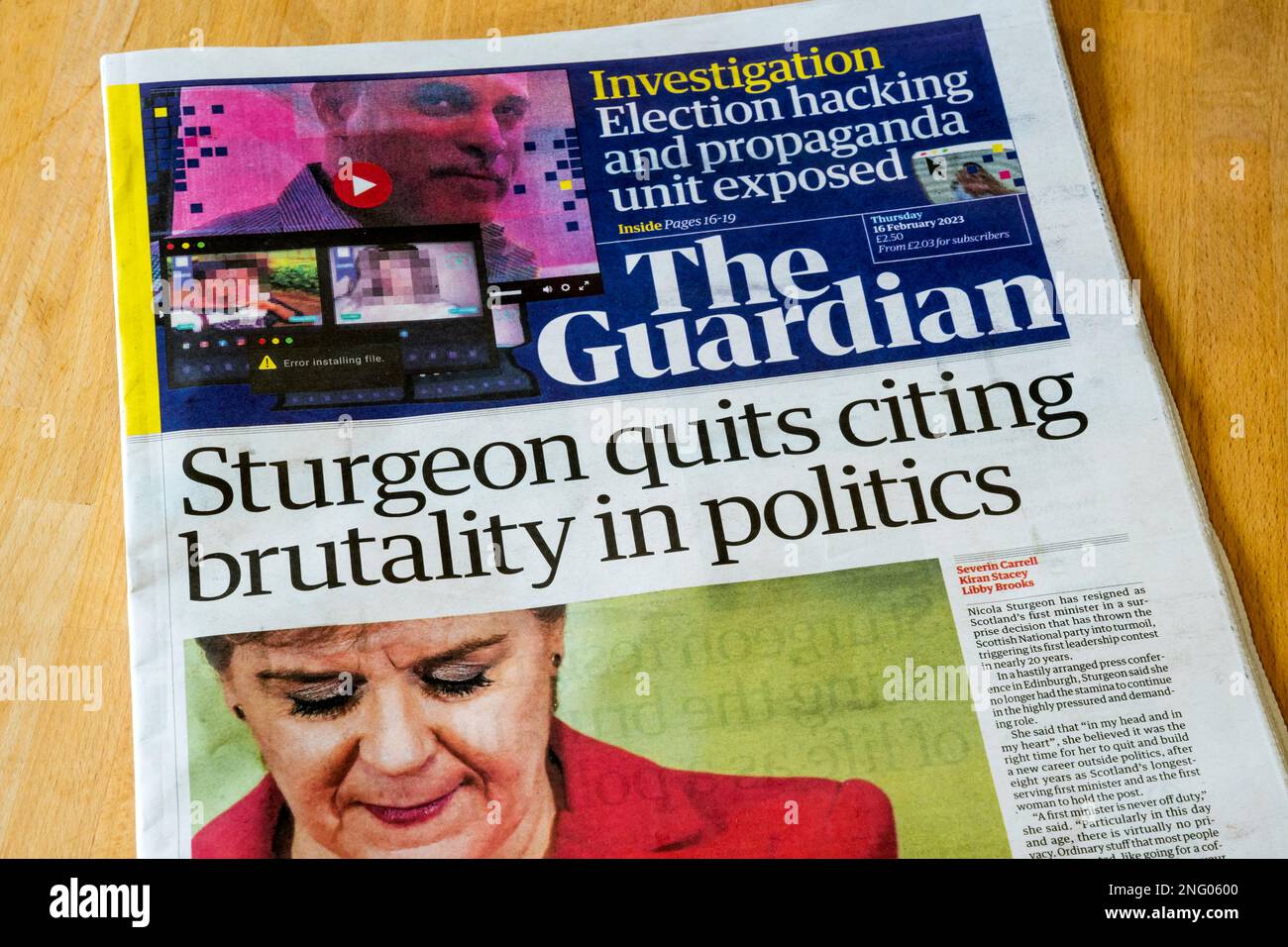 16 Feb 2023.  Sturgeon quits citing brutality in politics. Front page of Guardian after resignation of Nicola Sturgeon as Scottish First Minister. Stock Photo