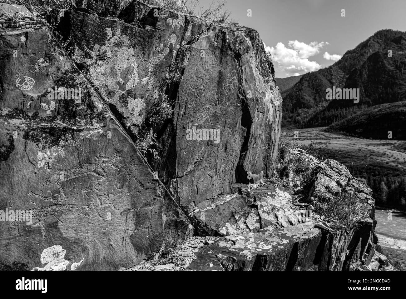 Rock drawing petroglyphs of ancient people of different animals deer on the stones behind the panorama of the mountains and the Altai river in Siberia Stock Photo