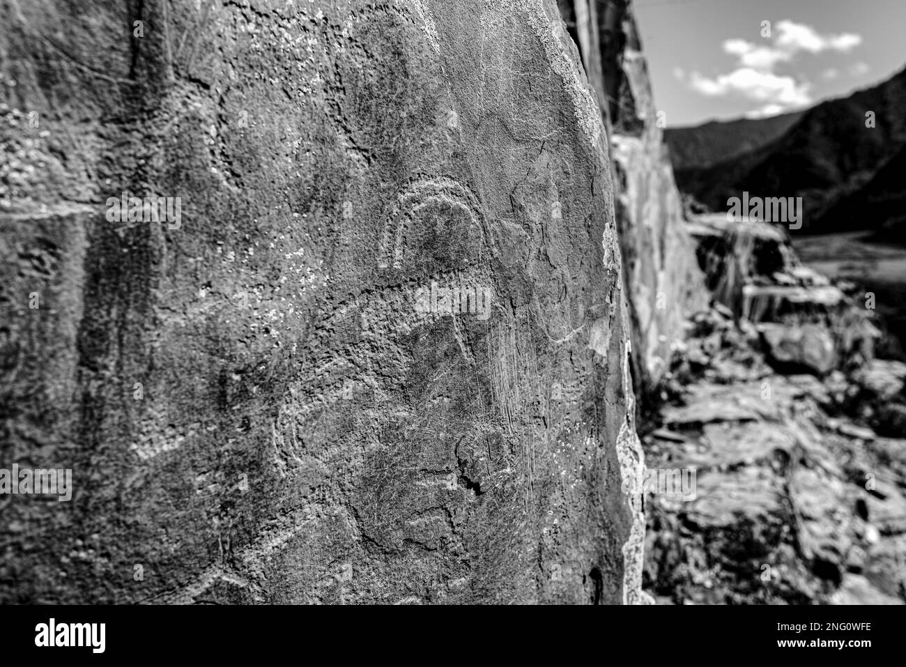 Petroglyphs rock drawing of ancient people animals on the stones behind the panorama of the mountains and the Altai river in Siberia during the day. B Stock Photo